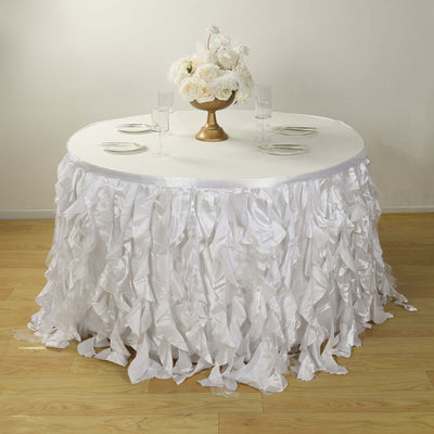 Taffeta 14ft Table Skirt White Cascading Curly Willow Style for Weddings & Banquets - Linen Luxes
