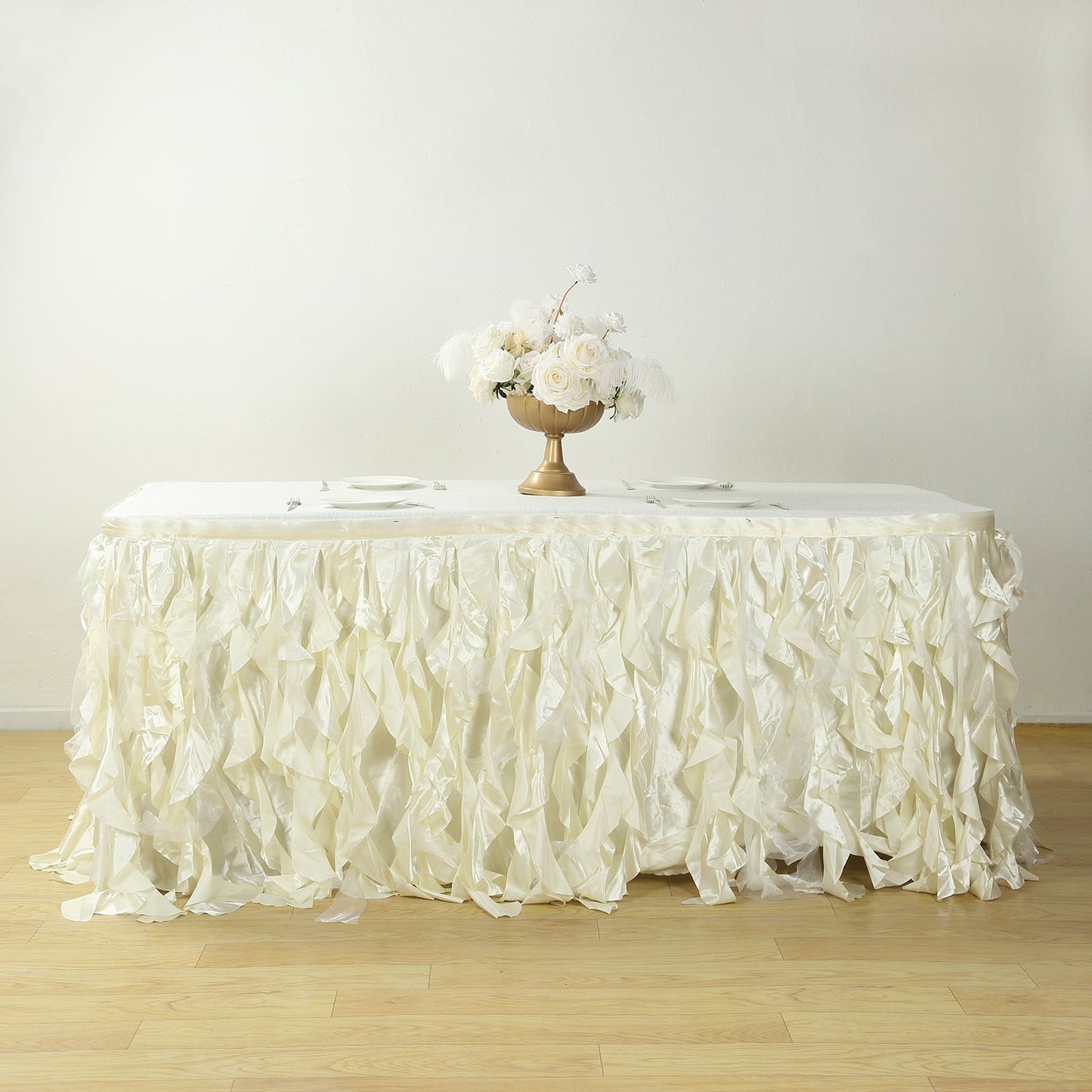 Taffeta 17ft Table Skirt Ivory - Cascading Curly Willow Style Table Cover - Linen Luxes