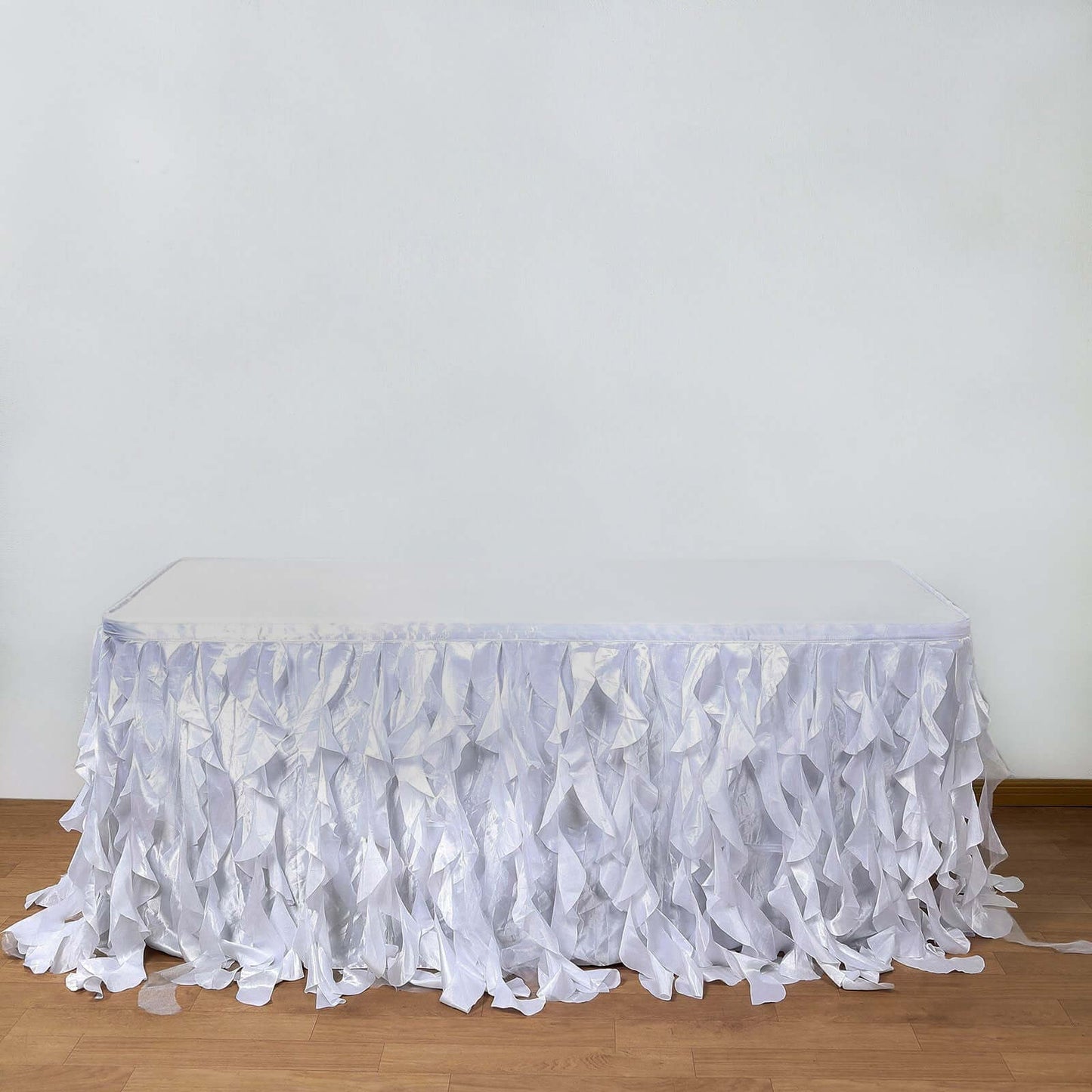 Taffeta 17ft Table Skirt White Cascading Curly Willow Style for Weddings & Banquets - Linen Luxes