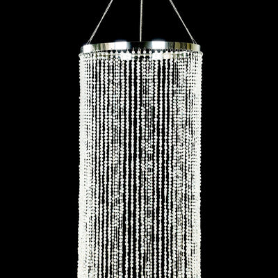 20ft Hanging Beaded Crystal Column Chandelier, Tall Beads Curtain Round with Silver Metal Hoop and Hanging Chain