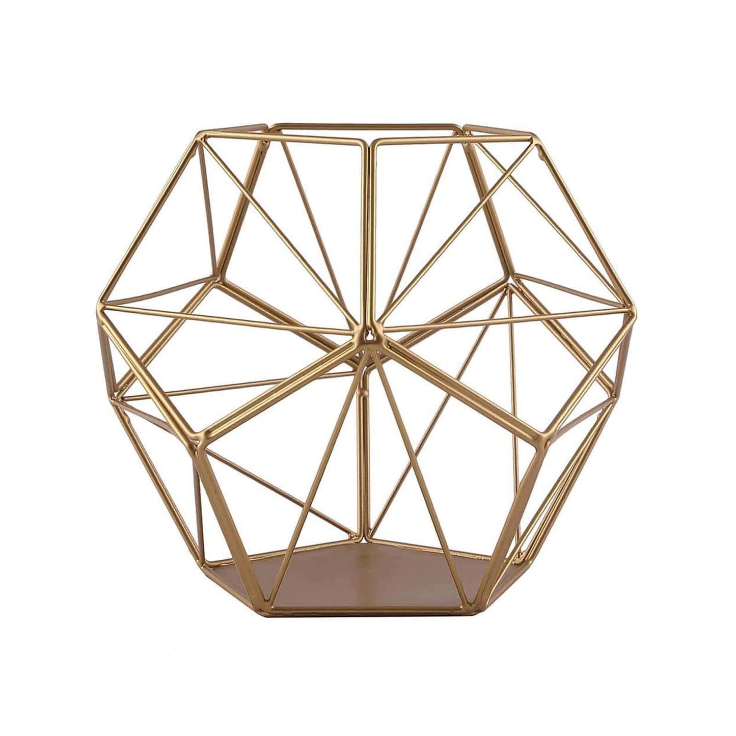 Tealight Candle Holder Gold Metal Pentagon Prism Geometric Open Frame - Flower Stand 7" - Linen Luxes