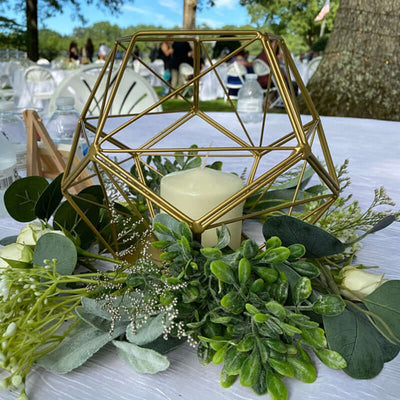 Tealight Candle Holder Gold Metal Pentagon Prism Geometric Open Frame - Flower Stand 7" - Linen Luxes