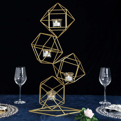 Tealight Candle Holder Metal Linked Geometric Design Gold with Votive Glass Holders - Sophisticated Decor for Tables & Gatherings 25" - Linen Luxes