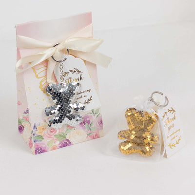 20 Pack Gold Silver Sequin Teddy Bear Keychains with White Organza Party Favor Bags and Thank You Tags - 3"