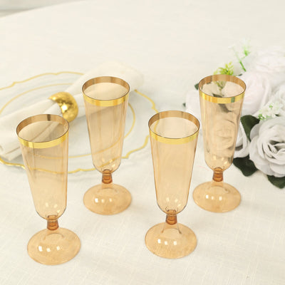 12-Pack Plastic Champagne Flutes Transparent Amber Gold with Gold Rim - Stylish Disposable Cocktail Glasses for Parties 5oz 6"