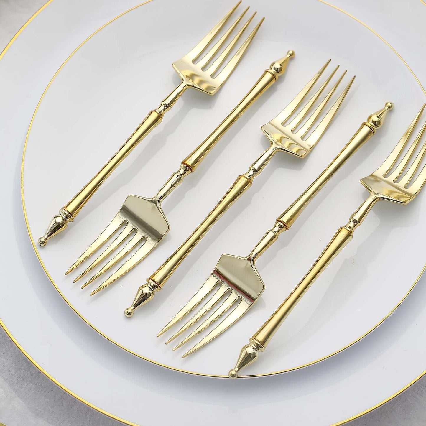 24-Pack Plastic Dessert Forks with Roman Column Handle Gold - European Style Disposable Utensils 6"