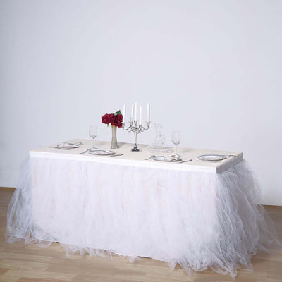 Tulle 14ft Table Skirt White - 4 Layer Pleated Tutu Chic & Soft Event Table Cover - Linen Luxes