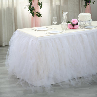Tulle 21ft Table Skirt White - 4 Layer Pleated Tutu Chic & Soft Event Table Cover - Linen Luxes