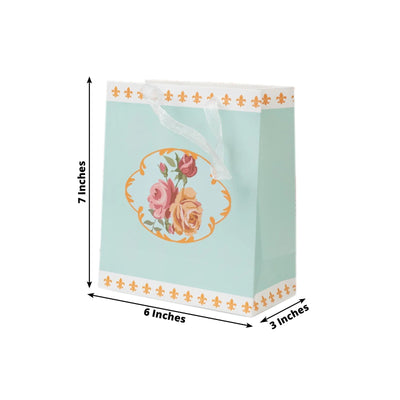 12-Pack Favor Bags Vintage Rose Floral Tea Party, Turquoise Paper Goodie Gift Bags with Ribbon Handles, 6"x7"x3"