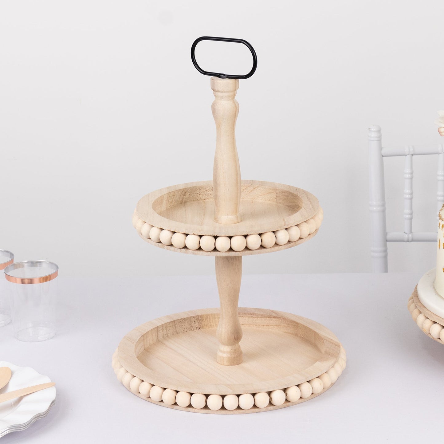 2-Tier Wooden Serving Tray Stand Beaded Design with Metal Handle Natural - Round Rustic Farmhouse Cupcake Display 17"