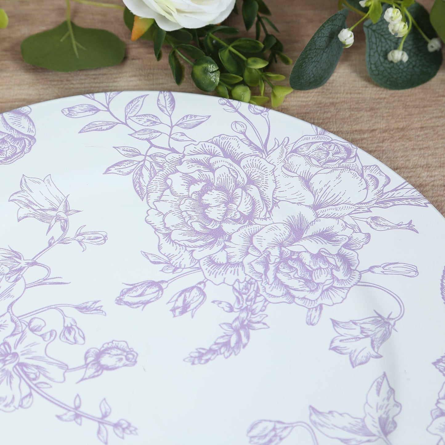 6 Pack Round Floral Acrylic Charger Plates in French Toile Pattern, 13" Matte Lavender and White Dinner Charger Event Tabletop Decor