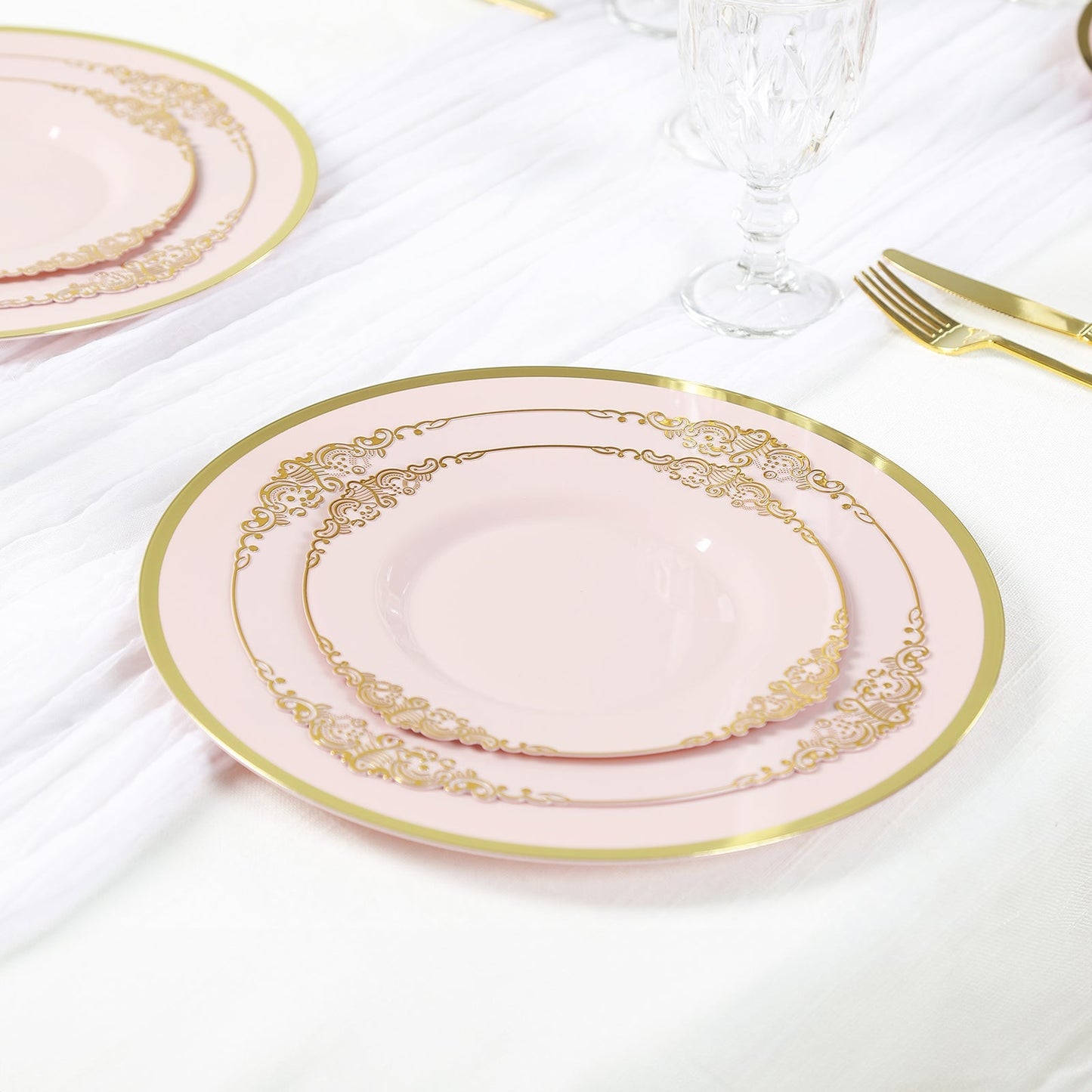 10-Pack Economy Plastic Round Charger Plates 12" in Blush with Wide Gold Rim, Decorative Dinner Party Serving Plates