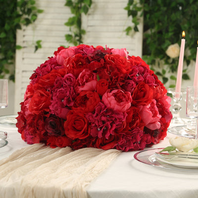 Pre-Arranged Silk Rose Wedding Centerpiece, Red Artificial Rose Flower Balls Arrangement Table Decor - 20"