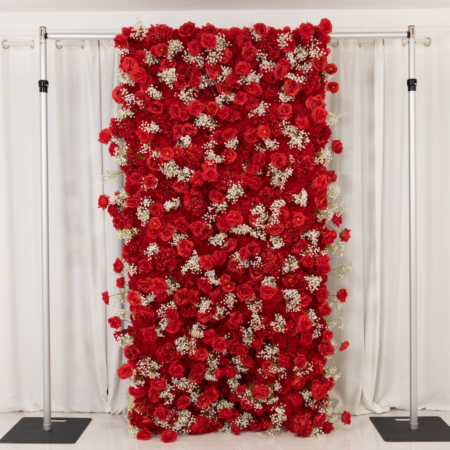 8ftx4ft Roll Up Artificial Flower Wall Panel Backdrop with Red Silk Roses & Baby's Breath