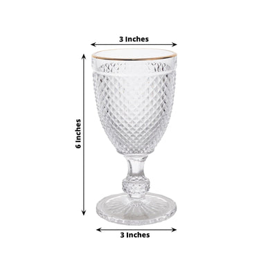 6-Pack Vintage Wine Glasses with Gold Rim and Embossed Diamond Pattern Clear - Crystal 8oz Short Stem Goblets for Cocktails 6"