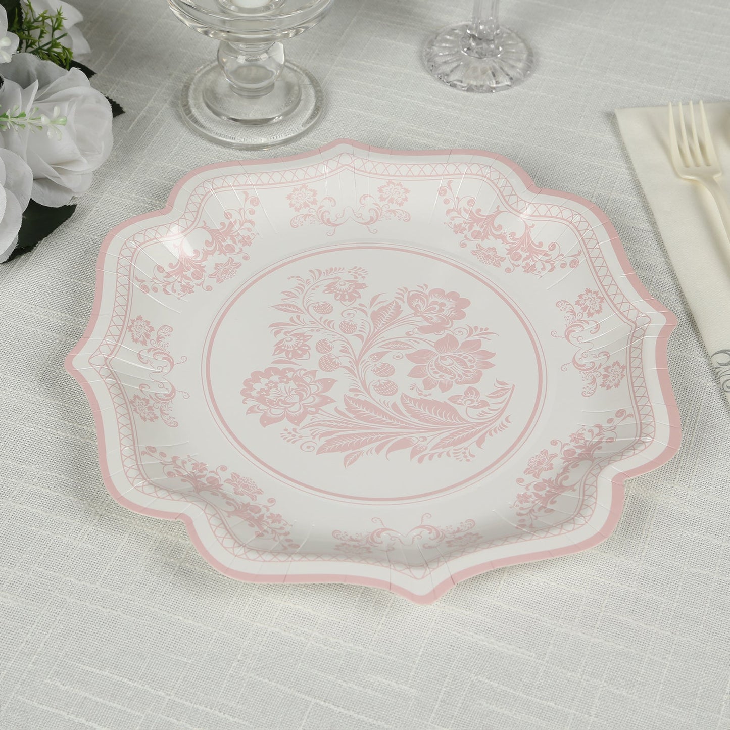 25-Pack Paper Dessert Plates in White with Pink Damask Floral Print & Scallop Rim - Stylish Disposable 300GSM Floral Salad Appetizer Plates 8"