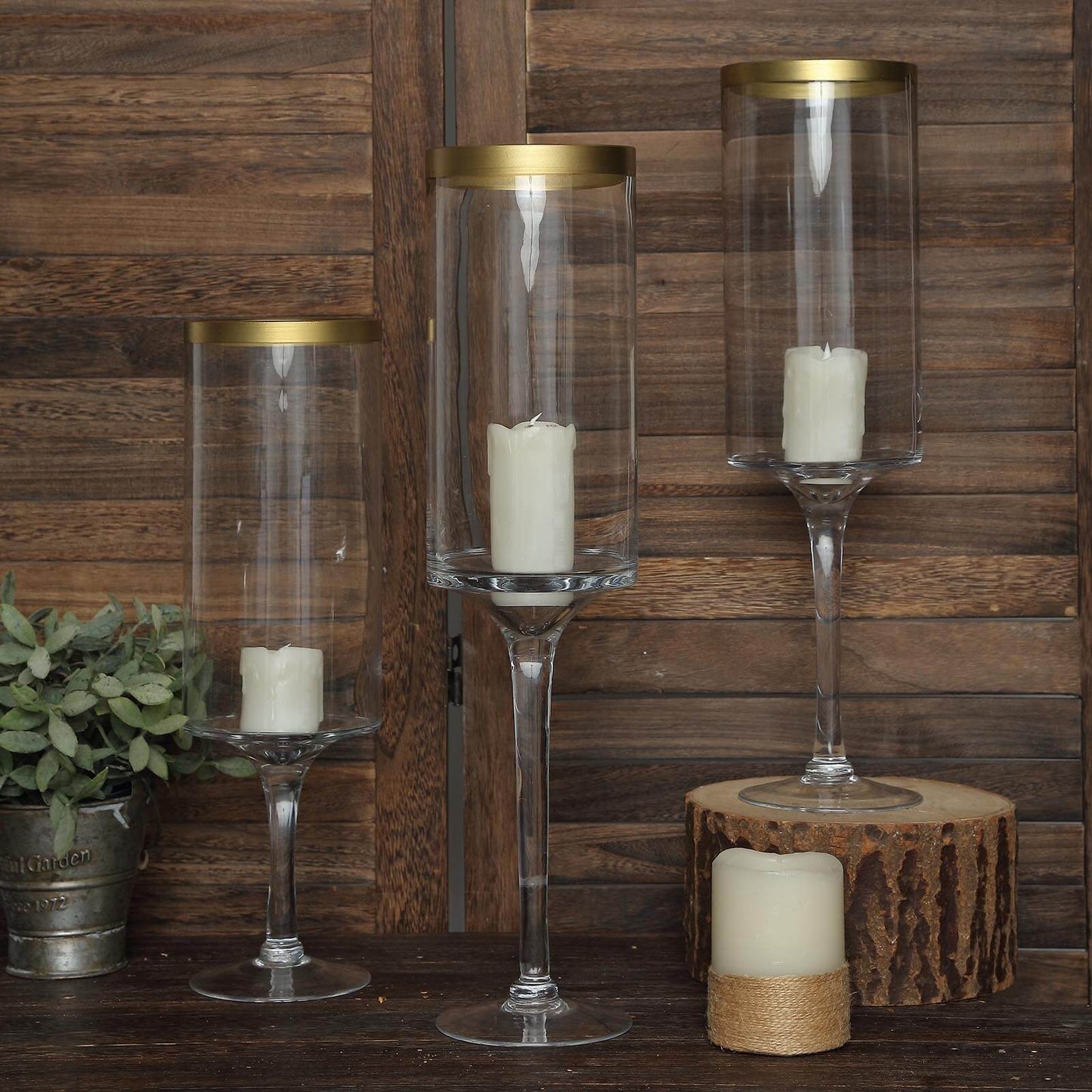 Set of 3 Glass Hurricane Candle Holders Long Stem Clear with Gold Rim - Decorative Pedestal Floral Centerpieces 16", 18", 20"