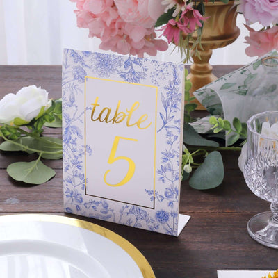 25-Pack Paper Wedding Table Numbers 1-25 White/Blue French Toile Design - Free Standing Double Sided Table Signs with Glam Gold Foil Numbers 7"