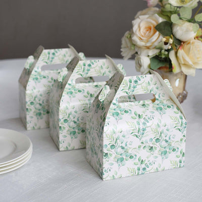 25 Pack White Green Candy Gift Tote Gable Boxes with Eucalyptus Leaves Print, Party Favor Treat Boxes - 6"x3.5"x7"