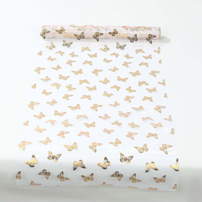 5 Pack Sheer Organza 11"x108" Table Runner Rolls White Disposable with Metallic Gold Foil Butterflies Motifs