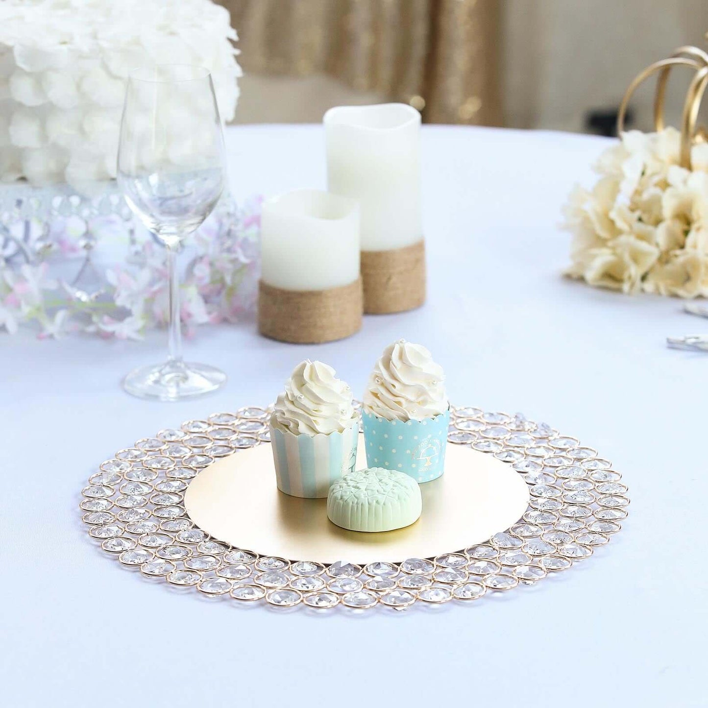 Wired Metal Round Charger Plate 14" in Gold with Acrylic Crystal Beads, Glamorous Decorative Dinner Charger Tableware - Linen Luxes