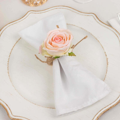 4 Pack Blush Artificial Rose Flower Wooden Napkin Holders, Farmhouse Country Floral Napkin Rings - 4"