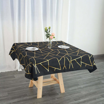 Polyester 54"x54" Square Tablecloth Black with Gold Foil Geometric Pattern - Wrinkle-Resistant & Durable Table Cover
