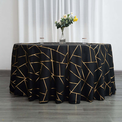 Polyester 120" Round Tablecloth Black with Gold Foil Geometric Pattern Wrinkle-Resistant Seamless Table Cover