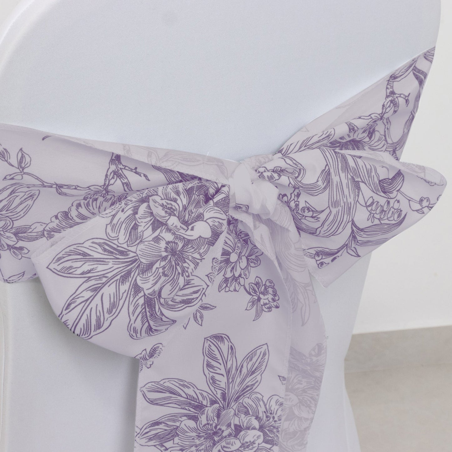 Polyester Chair Sashes White Lavender Lilac French Toile Floral Design - Wrinkle-Resistant & Durable Chair Bows for Exquisite Weddings & Banquets 6"x108"