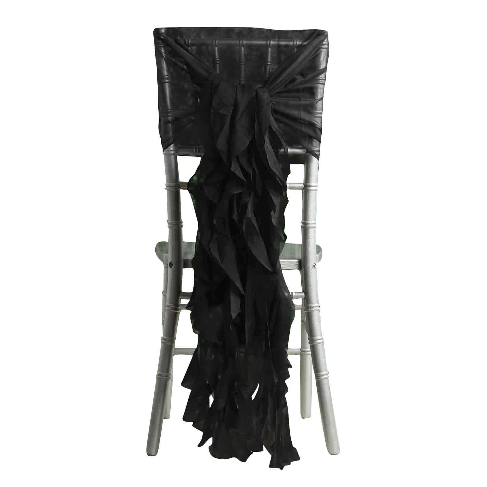 1 Set Chiffon Hoods Chair Sashes with Willow Ruffles Design Black - Stylish Decor for Weddings & Gatherings - Linen Luxes