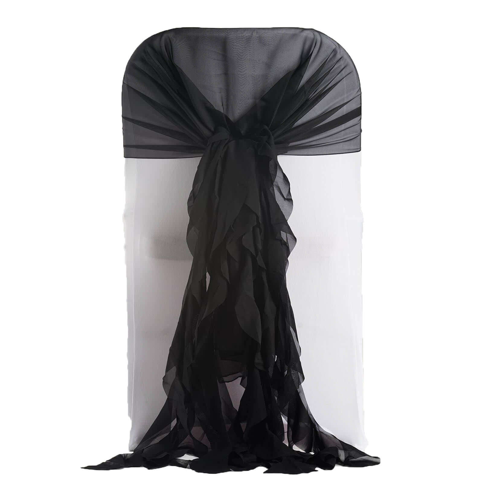 1 Set Chiffon Hoods Chair Sashes with Willow Ruffles Design Black - Stylish Decor for Weddings & Gatherings - Linen Luxes