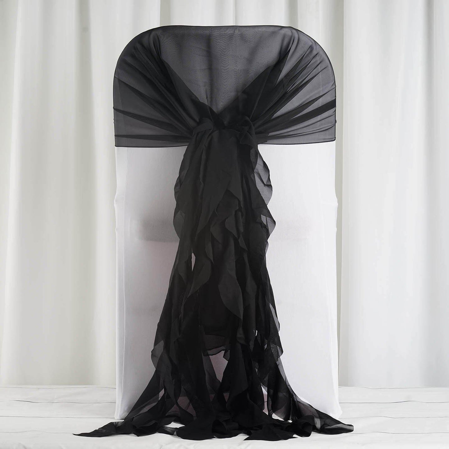 1 Set Chiffon Hoods Chair Sashes with Willow Ruffles Design Black - Stylish Decor for Weddings & Gatherings - Linen Luxes