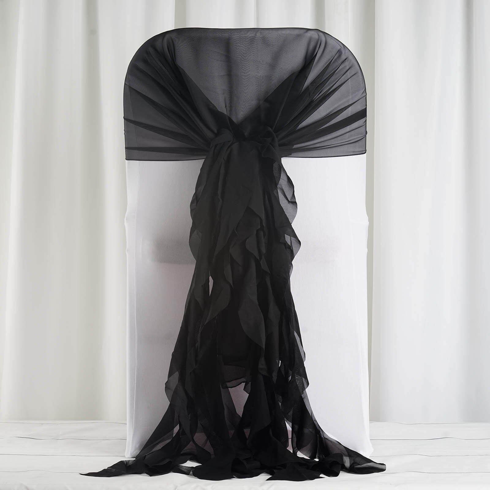 1 Set Chiffon Hoods Chair Sashes with Willow Ruffles Design Black - Stylish Decor for Weddings & Gatherings - Linen Luxes