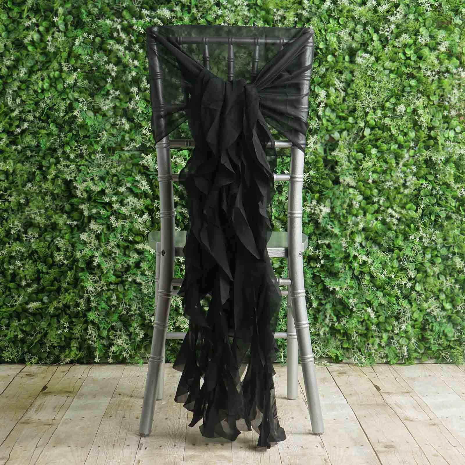 1 Set Chiffon Hoods Chair Sashes with Willow Ruffles Design Black - Stylish Decor for Weddings & Gatherings - Linen Luxes