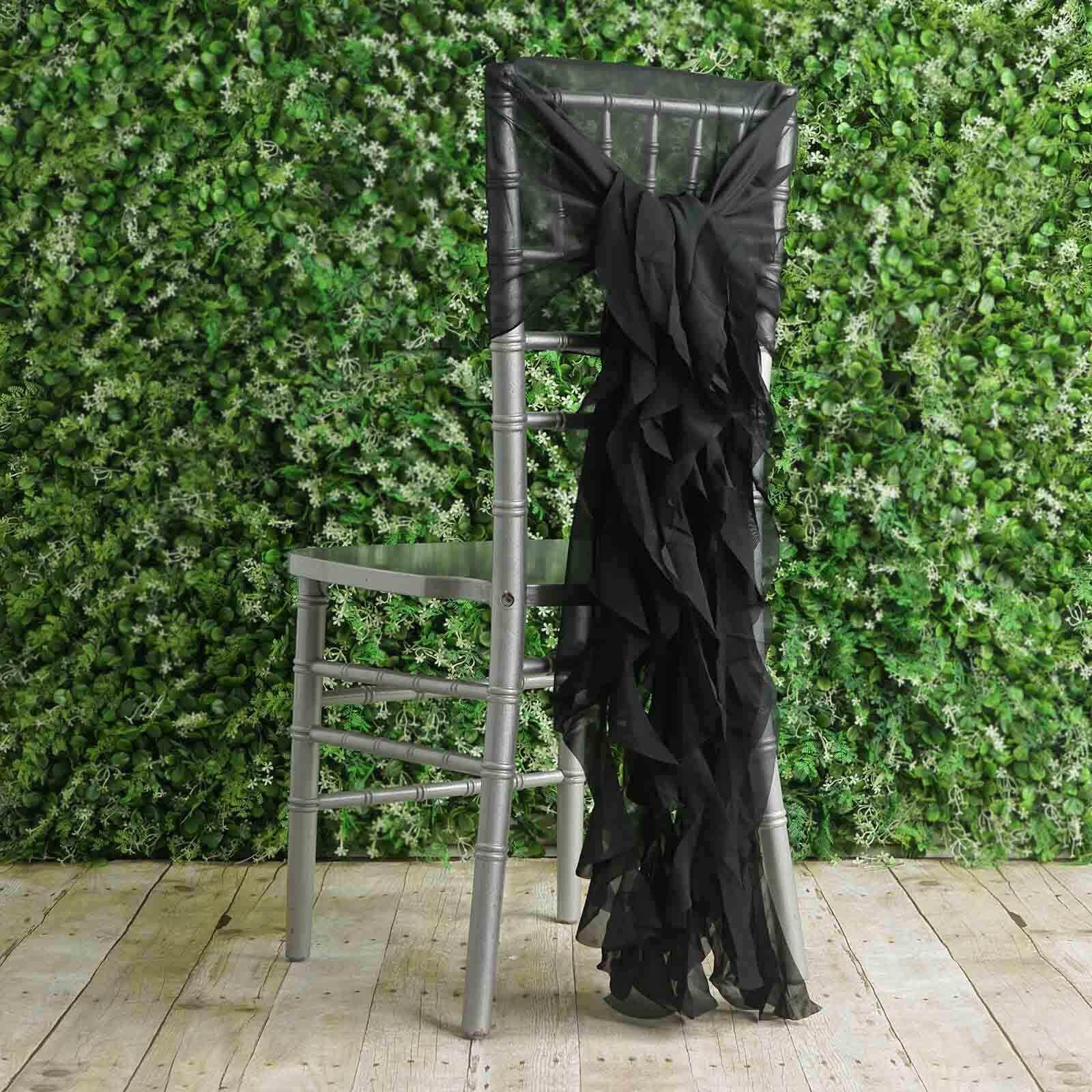 1 Set Chiffon Hoods Chair Sashes with Willow Ruffles Design Black - Stylish Decor for Weddings & Gatherings - Linen Luxes