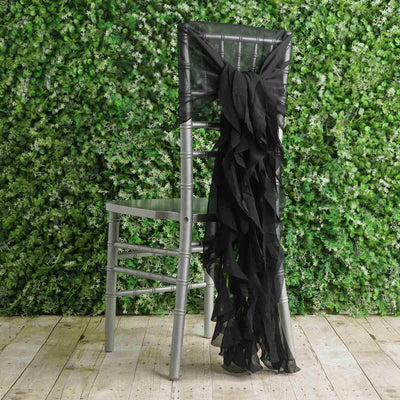 1 Set Chiffon Hoods Chair Sashes with Willow Ruffles Design Black - Stylish Decor for Weddings & Gatherings - Linen Luxes