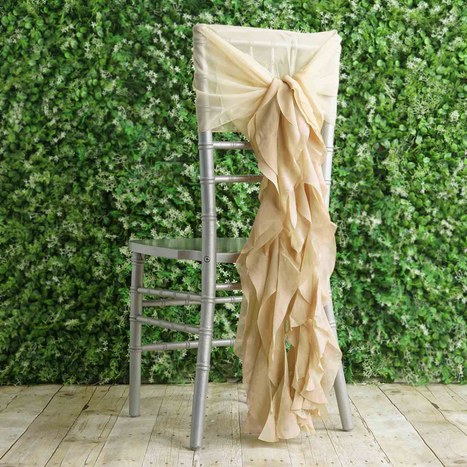1 Set Chiffon Hoods Chair Sashes with Willow Ruffles Design Champagne - Stylish Chair Bow Decor - Linen Luxes