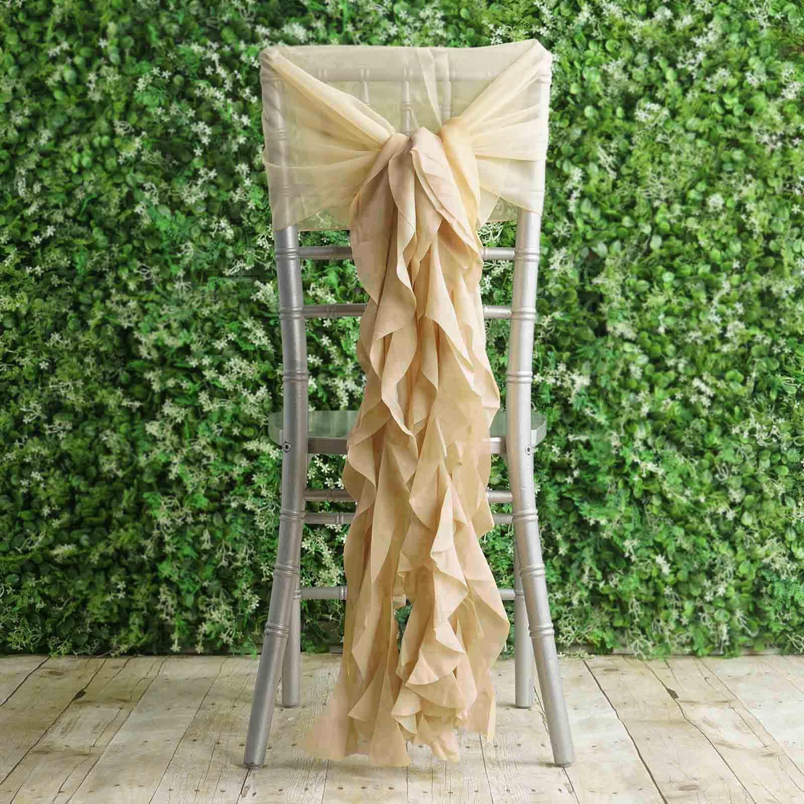 1 Set Chiffon Hoods Chair Sashes with Willow Ruffles Design Champagne - Stylish Chair Bow Decor - Linen Luxes