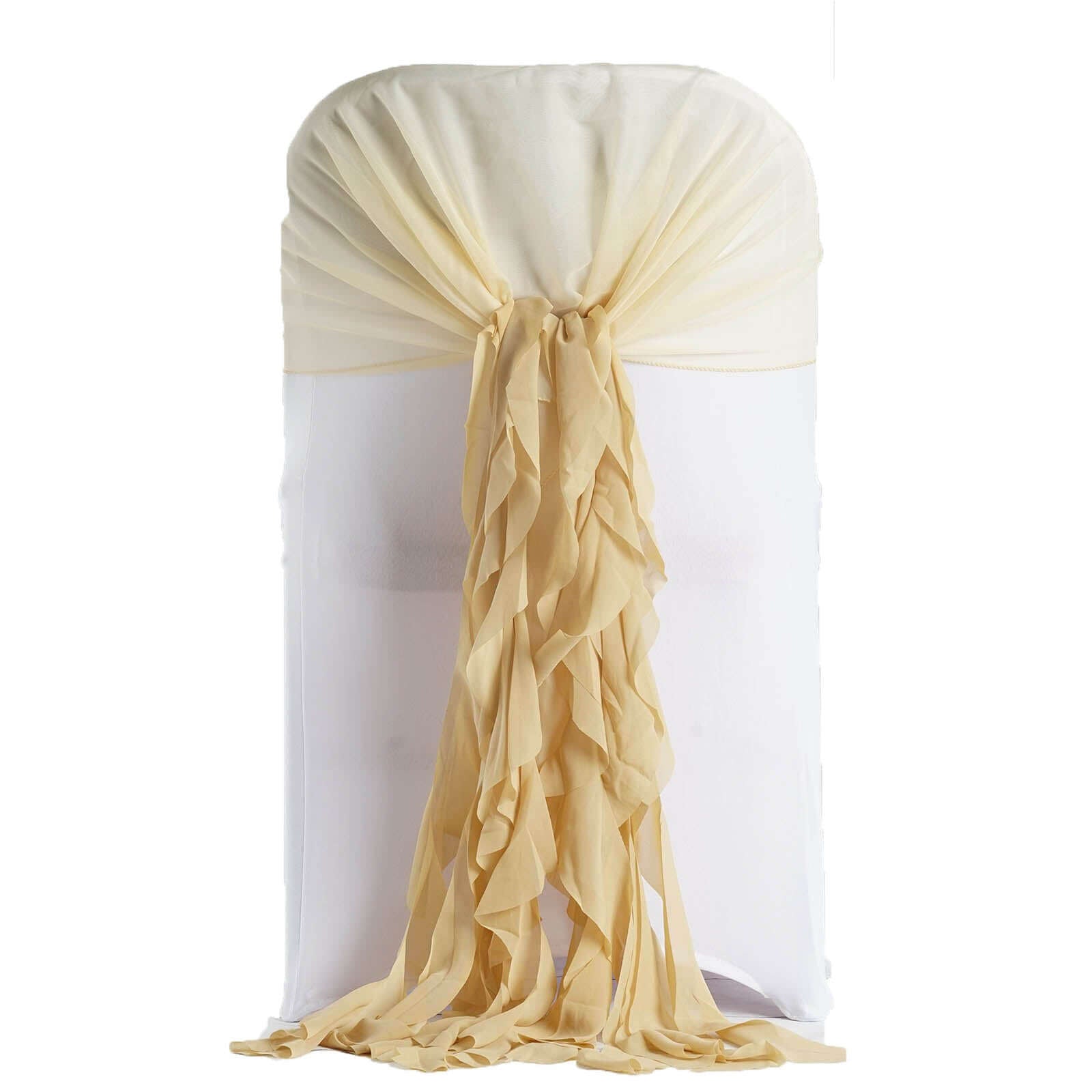 1 Set Chiffon Hoods Chair Sashes with Willow Ruffles Design Champagne - Stylish Chair Bow Decor - Linen Luxes