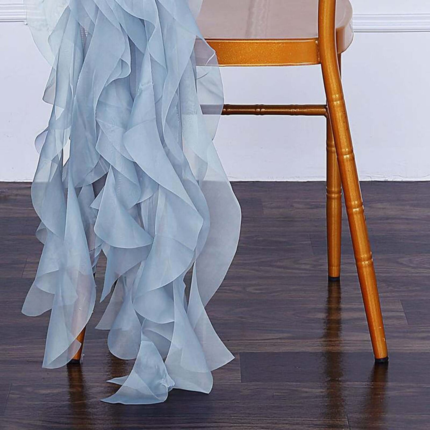 1 Set Chiffon Hoods Chair Sashes with Willow Ruffles Design Dusty Blue - Stylish Chair Bow Decor - Linen Luxes