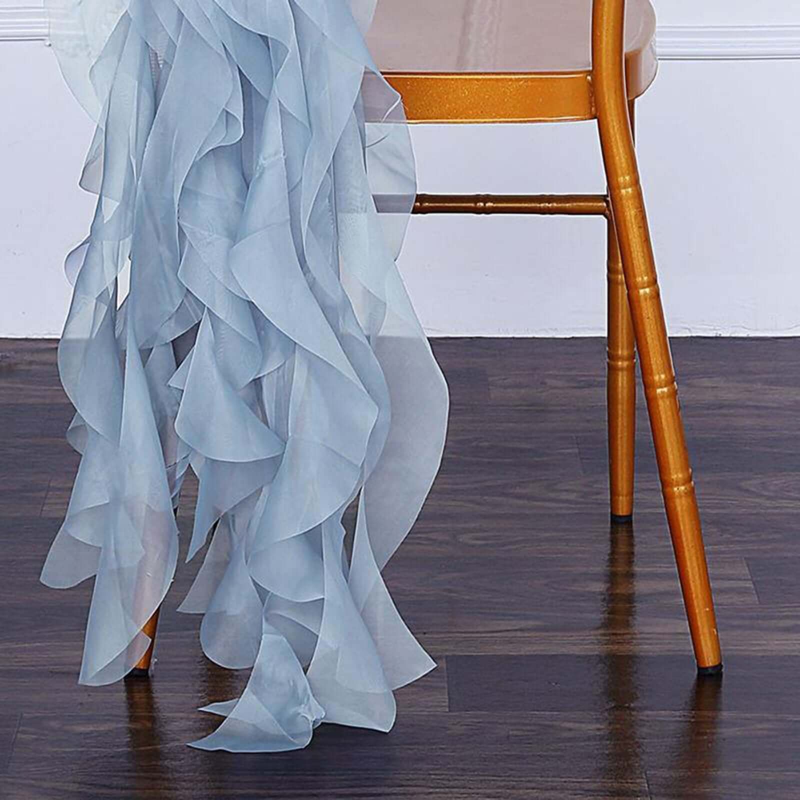 1 Set Chiffon Hoods Chair Sashes with Willow Ruffles Design Dusty Blue - Stylish Chair Bow Decor - Linen Luxes