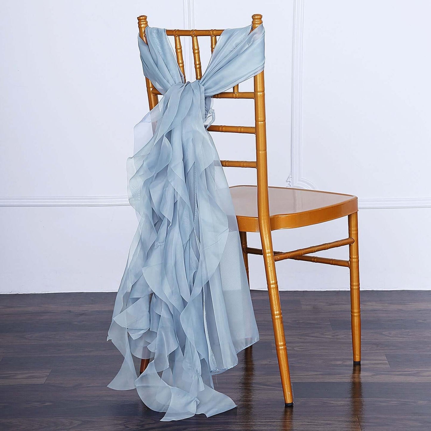 1 Set Chiffon Hoods Chair Sashes with Willow Ruffles Design Dusty Blue - Stylish Chair Bow Decor - Linen Luxes