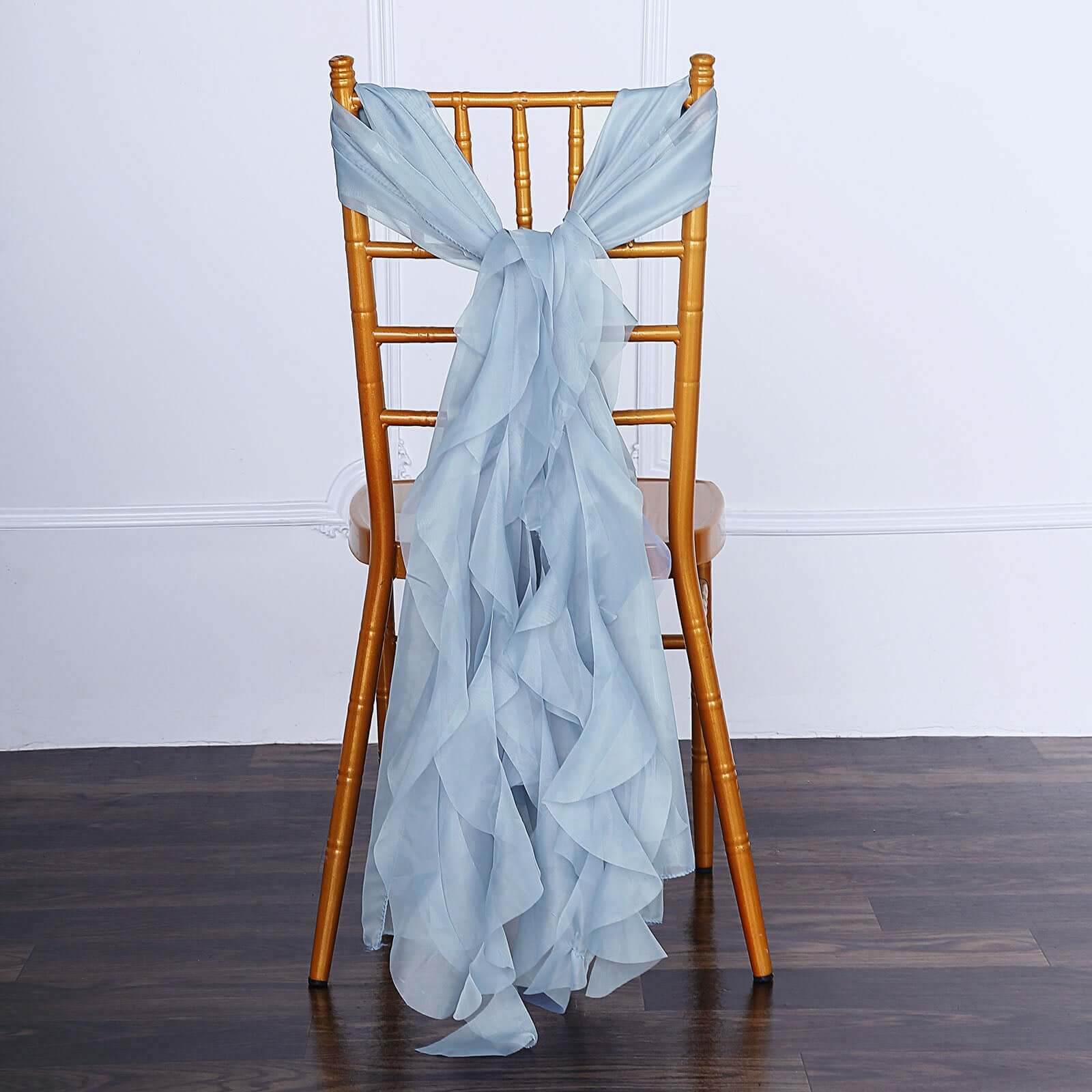 1 Set Chiffon Hoods Chair Sashes with Willow Ruffles Design Dusty Blue - Stylish Chair Bow Decor - Linen Luxes