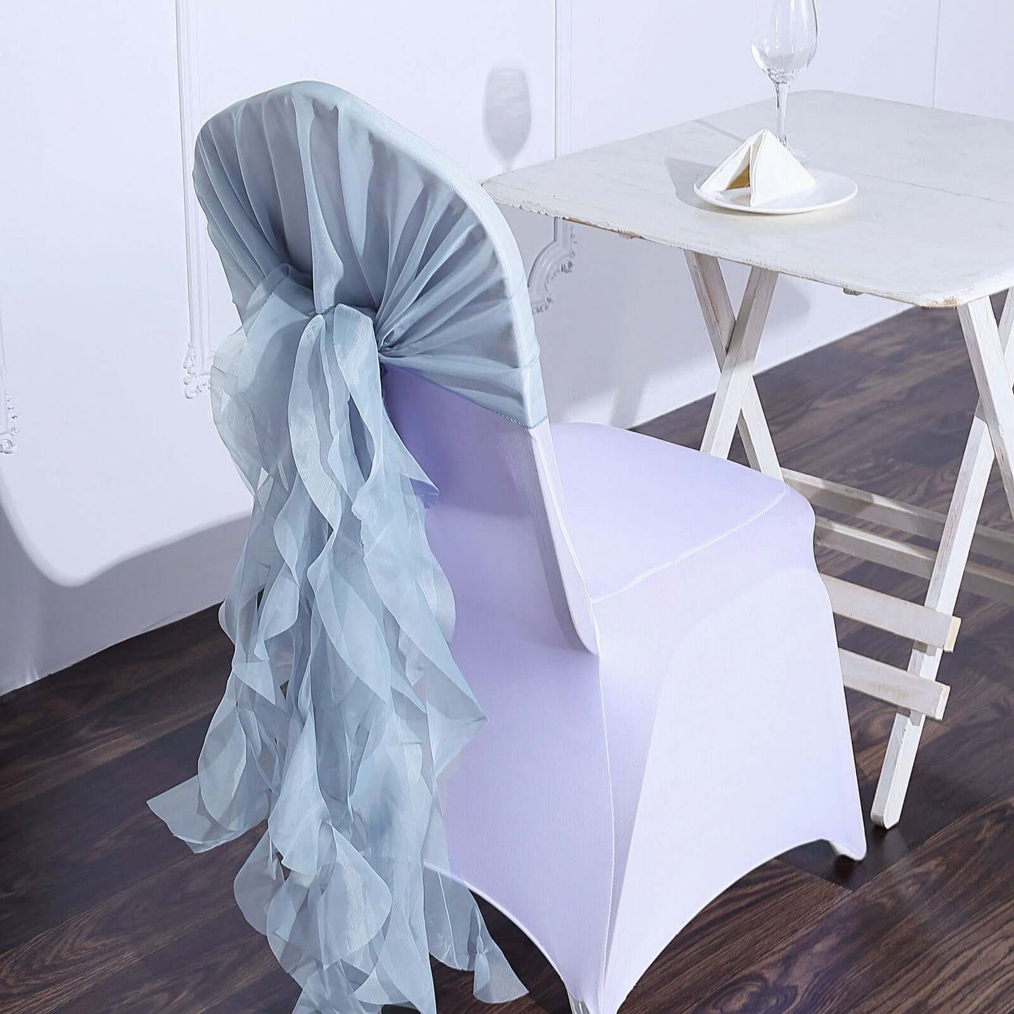 1 Set Chiffon Hoods Chair Sashes with Willow Ruffles Design Dusty Blue - Stylish Chair Bow Decor - Linen Luxes