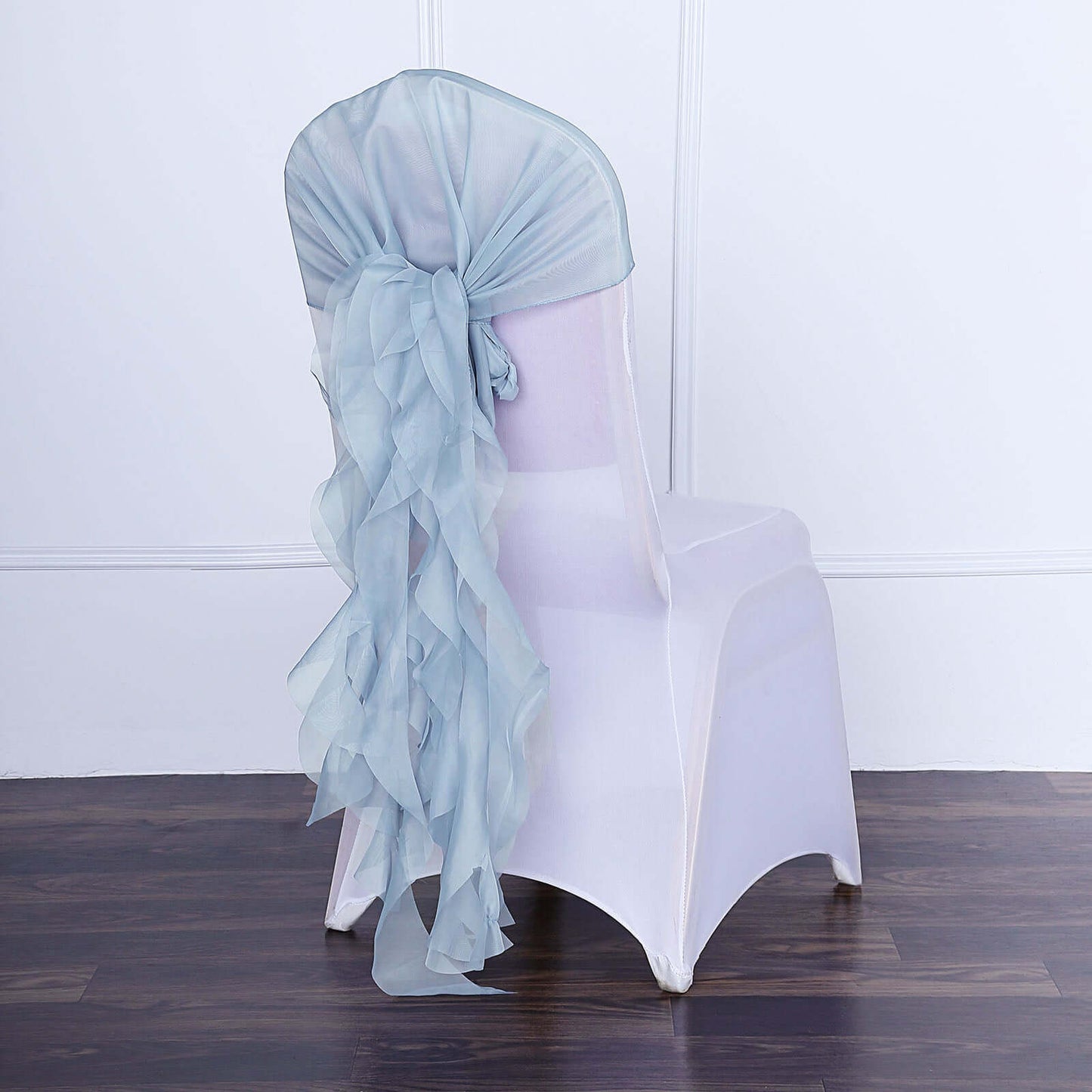1 Set Chiffon Hoods Chair Sashes with Willow Ruffles Design Dusty Blue - Stylish Chair Bow Decor - Linen Luxes