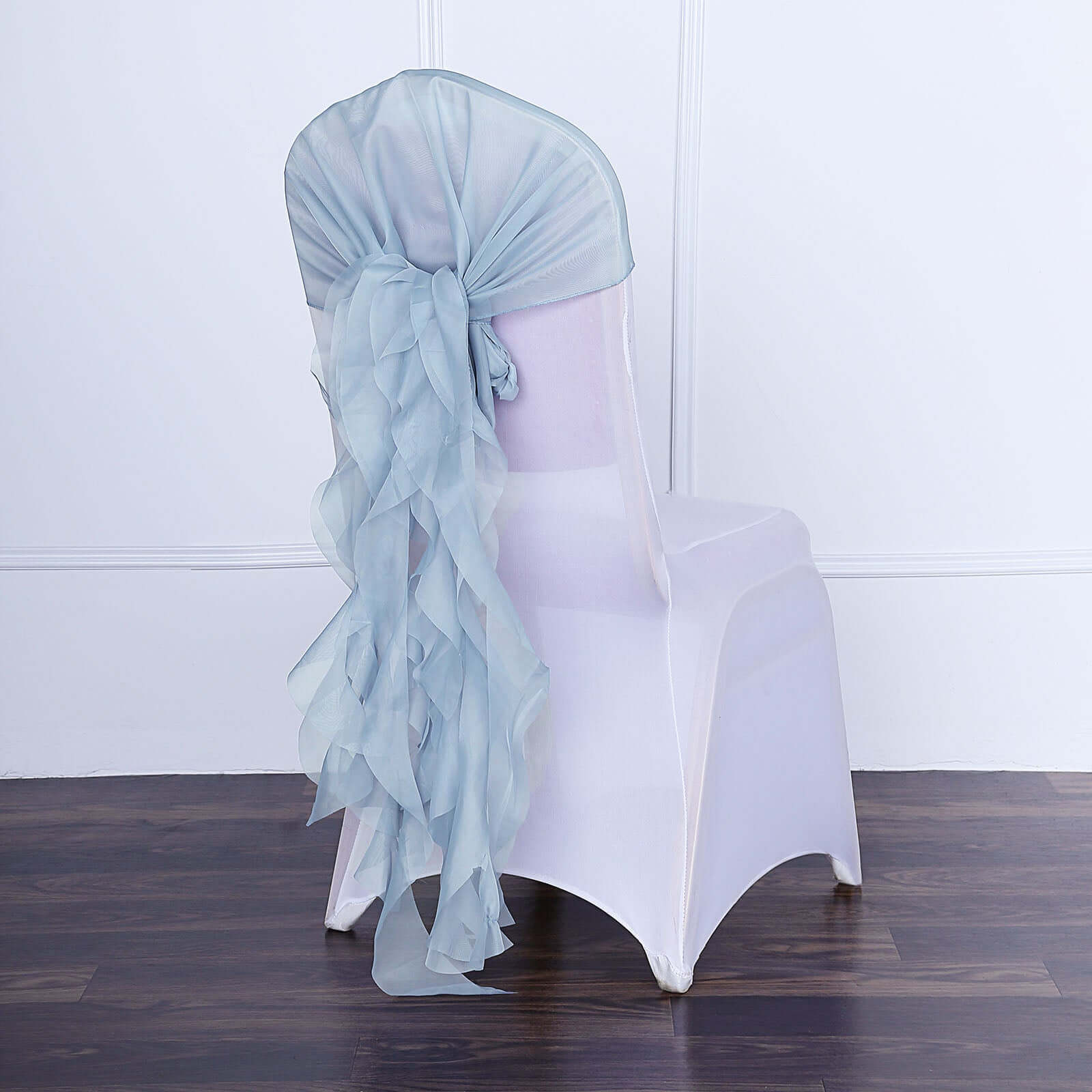 1 Set Chiffon Hoods Chair Sashes with Willow Ruffles Design Dusty Blue - Stylish Chair Bow Decor - Linen Luxes
