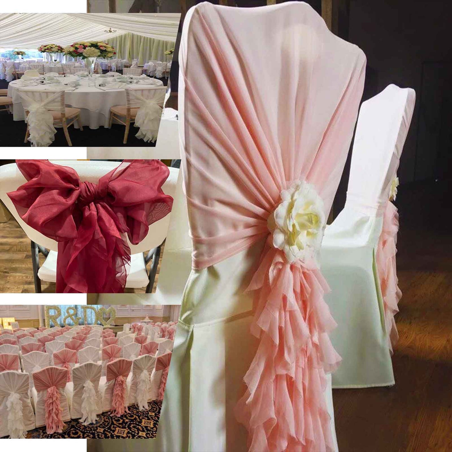 1 Set Chiffon Hoods Chair Sashes with Willow Ruffles Design Dusty Rose - Stylish Chair Bow Decor - Linen Luxes