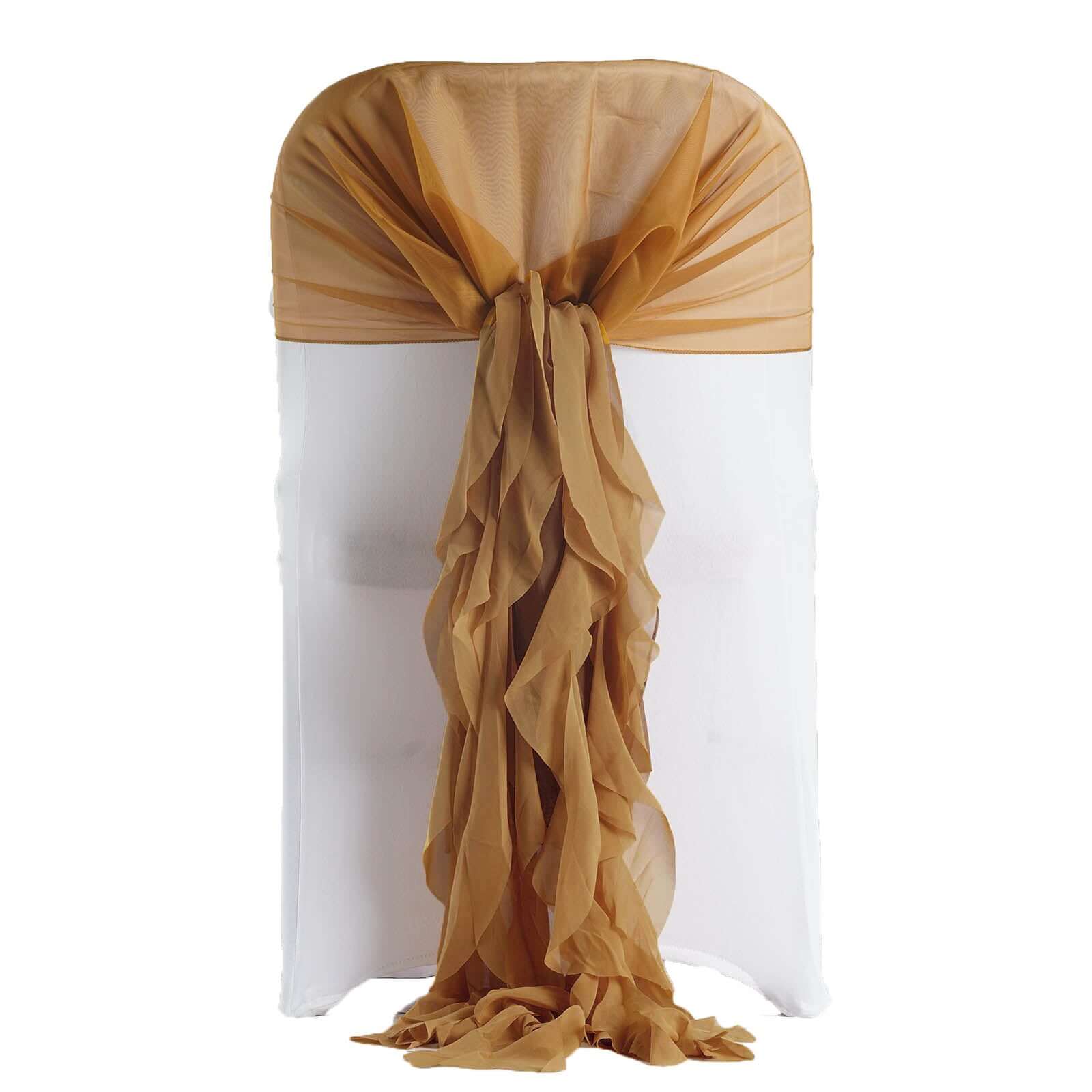 1 Set Chiffon Hoods Chair Sashes with Willow Ruffles Design Gold - Stylish Decor for Weddings & Gatherings - Linen Luxes