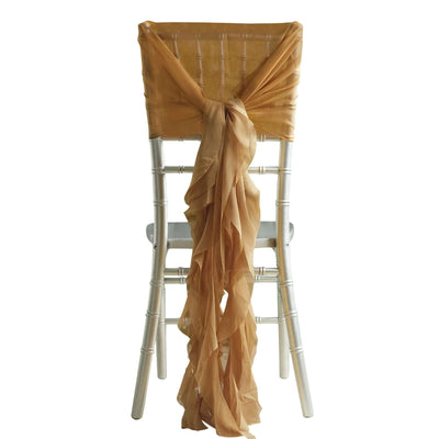 1 Set Chiffon Hoods Chair Sashes with Willow Ruffles Design Gold - Stylish Decor for Weddings & Gatherings - Linen Luxes