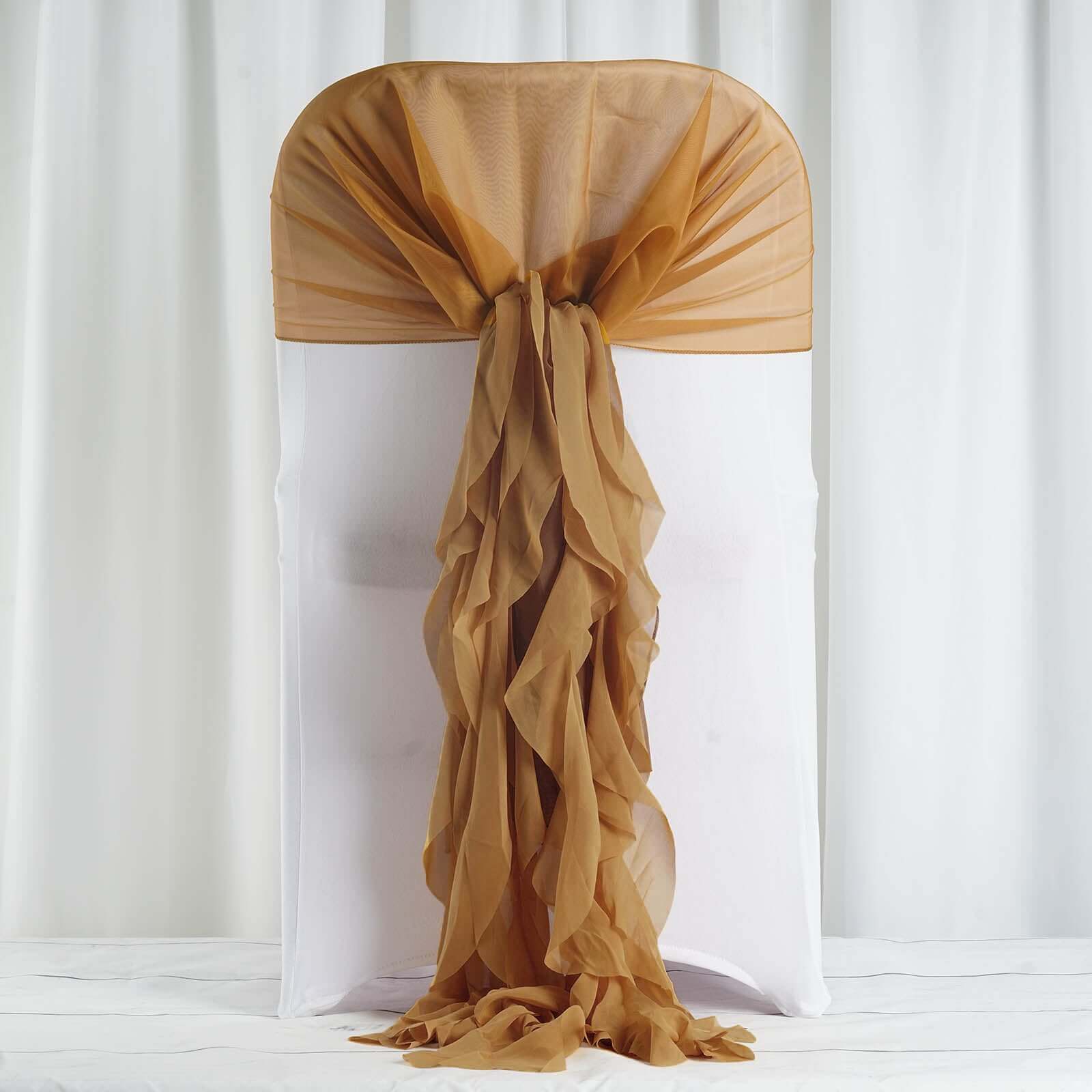 1 Set Chiffon Hoods Chair Sashes with Willow Ruffles Design Gold - Stylish Decor for Weddings & Gatherings - Linen Luxes